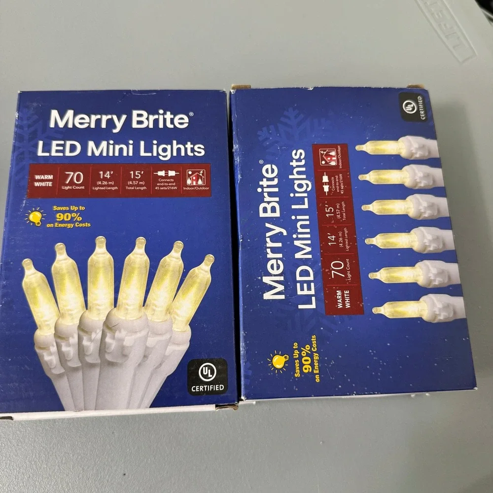 Merry Brite 70 Count Warm White LED Mini‎ Lights Indoor Outdoor2 Boxes Total